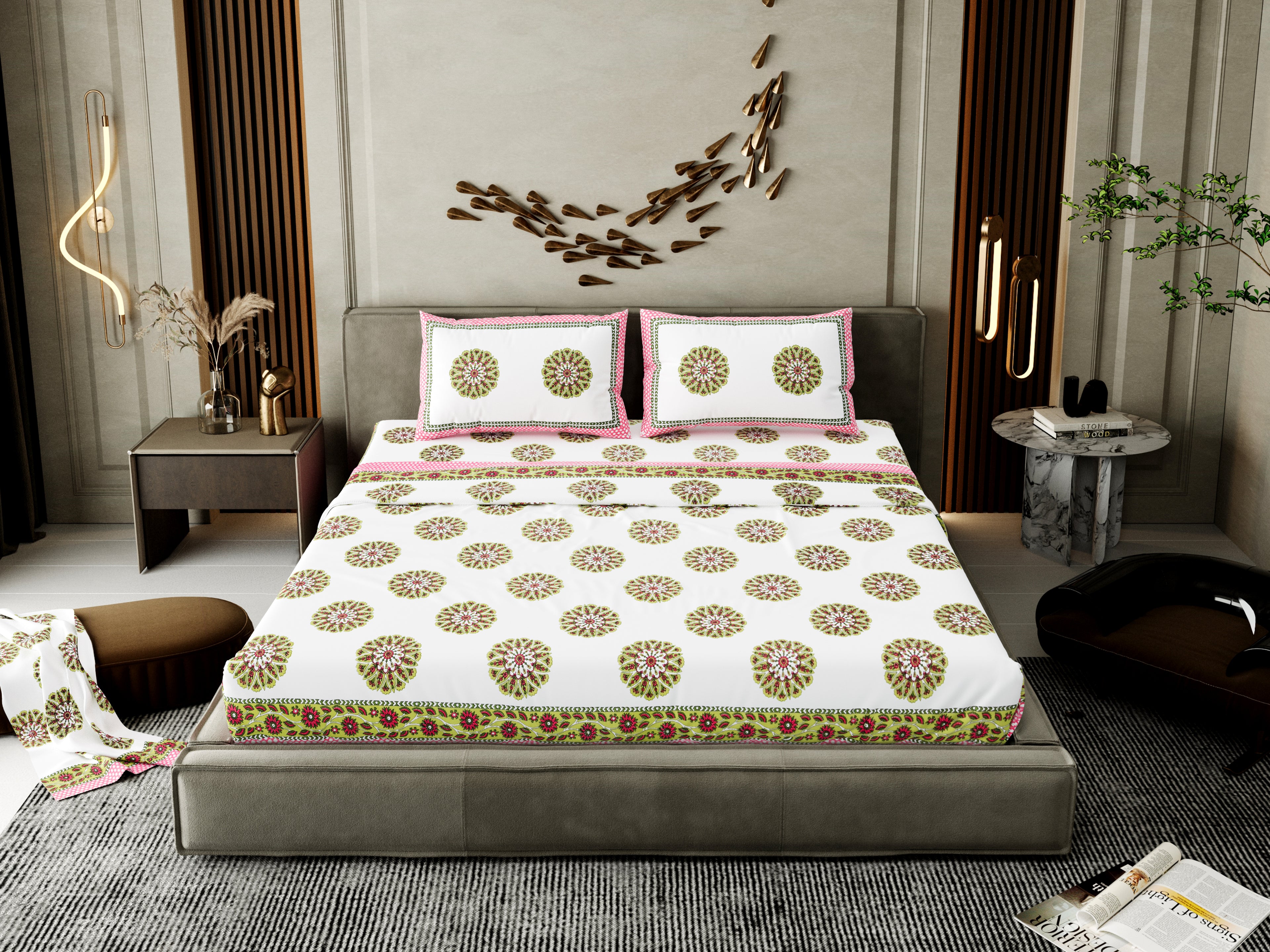 100% Cotton Traditional Floral Printed Bedsheet Multicolor ( Size 100 X 108 )