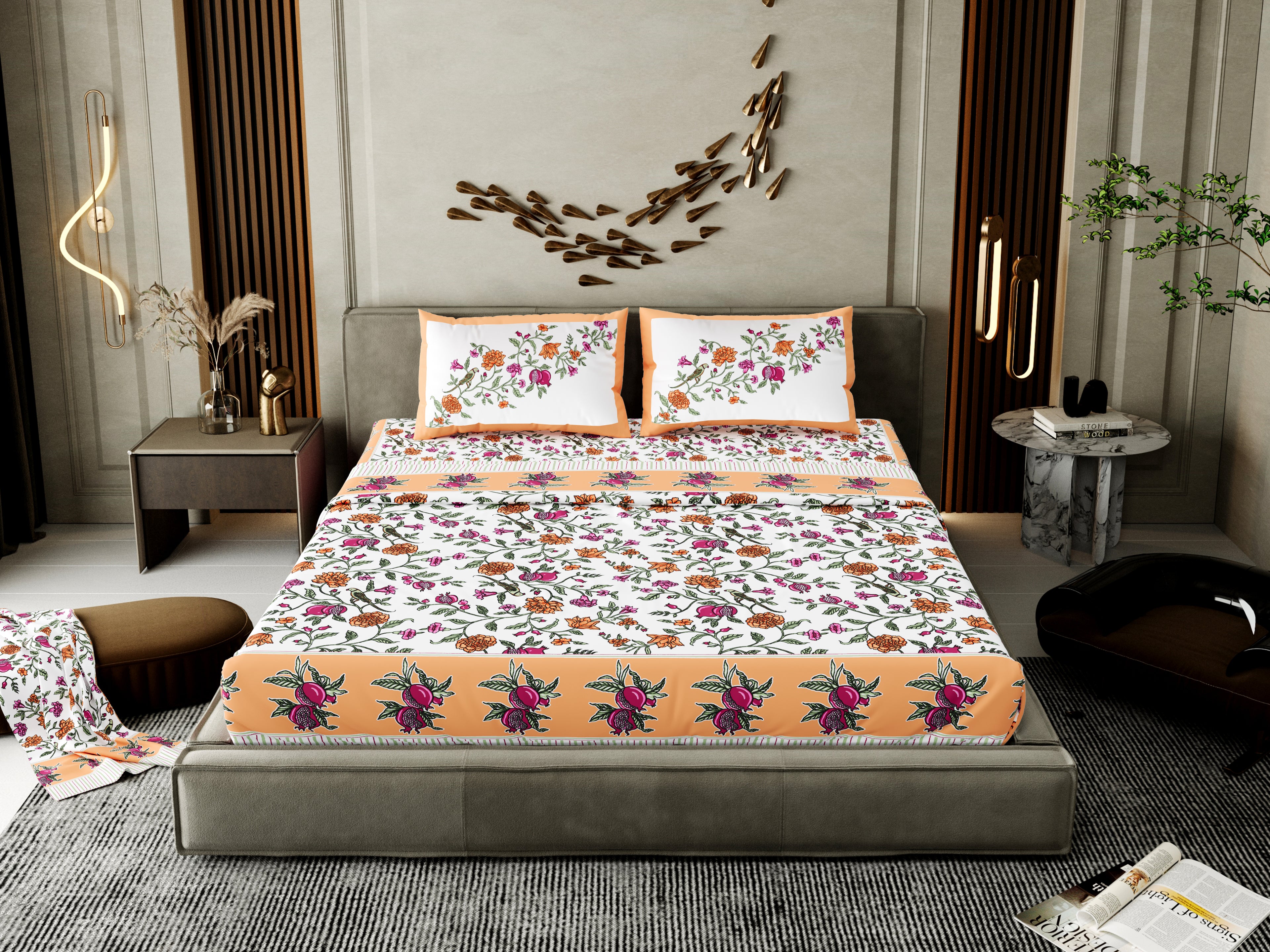 100% Cotton Traditional Floral Printed Bedsheet Multicolor ( Size 100 X 108 )