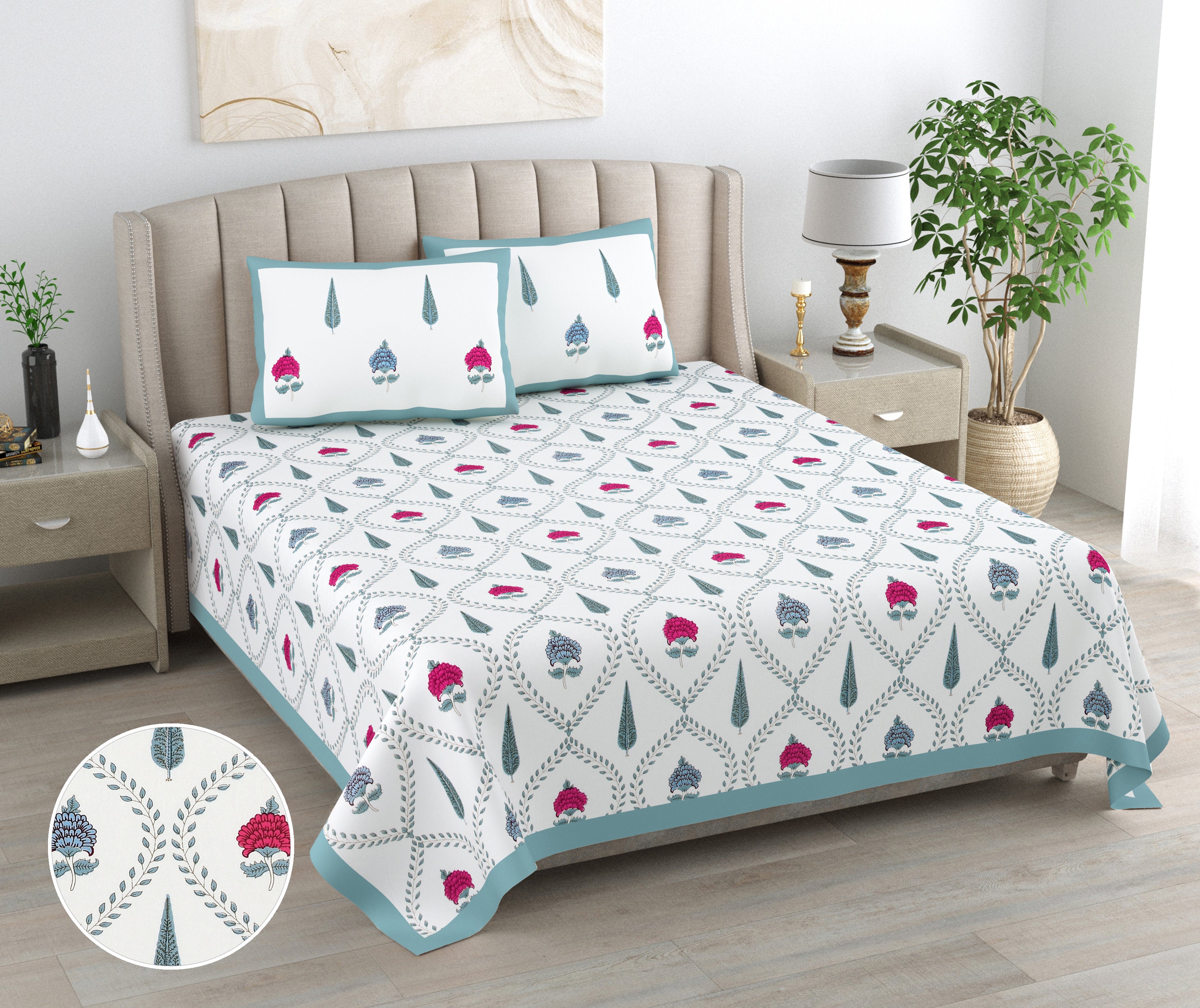 100% Cotton Traditional Floral Printed Bedsheet Multicolor ( Size 100 X 108 )