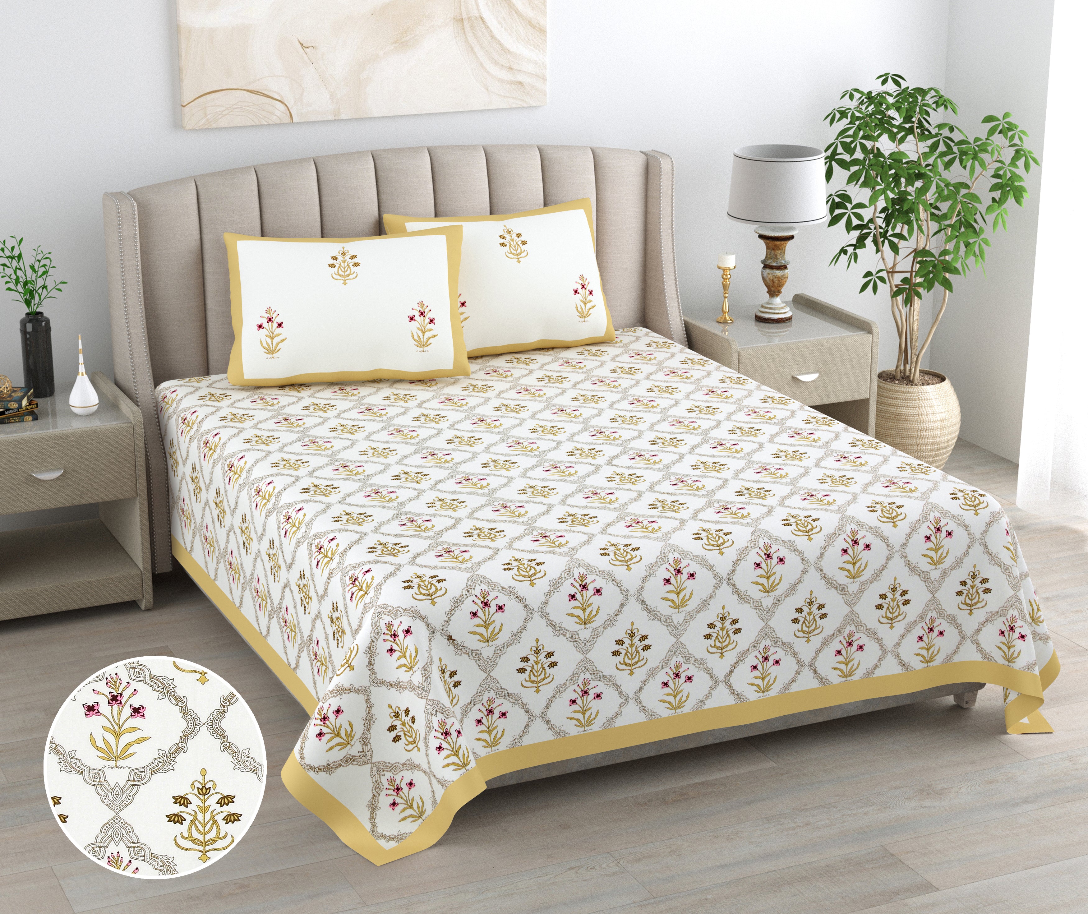 100% Cotton Traditional Floral Printed Bedsheet Multicolor ( Size 100 X 108 )