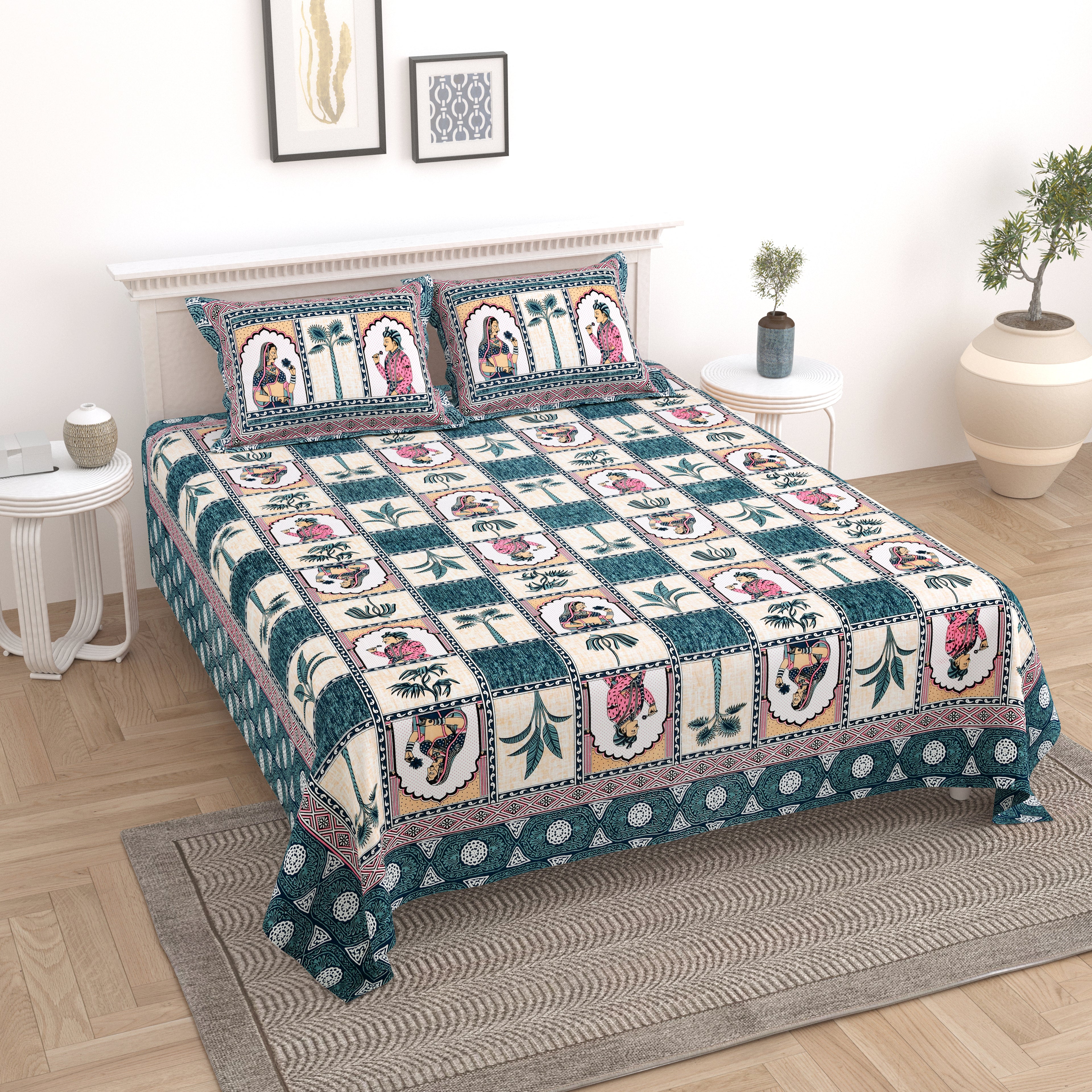 100% Cotton Traditional Floral Printed Bedsheet Multicolor ( Size 100 X 108 )