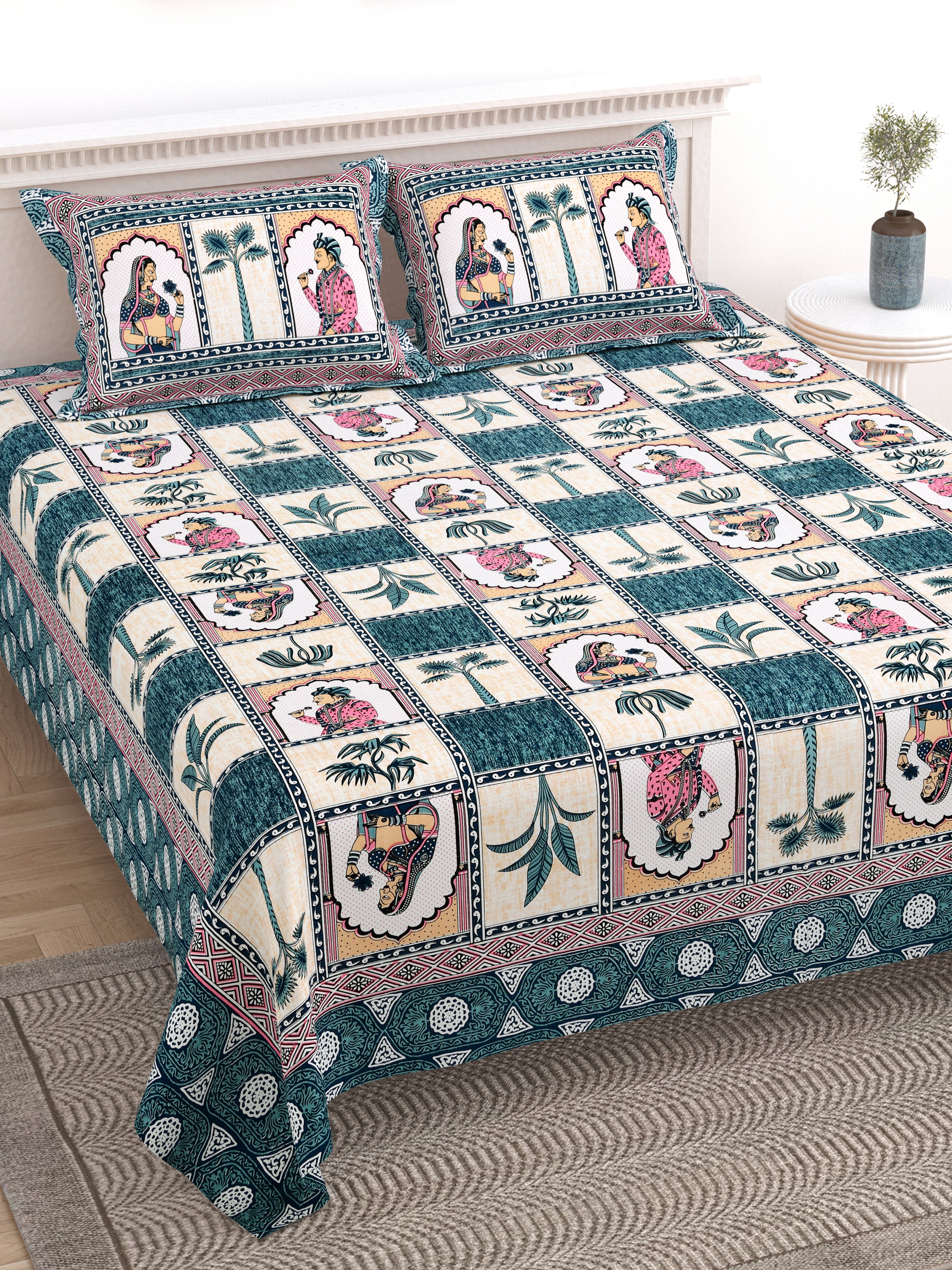 100% Cotton Traditional Floral Printed Bedsheet Multicolor ( Size 100 X 108 )